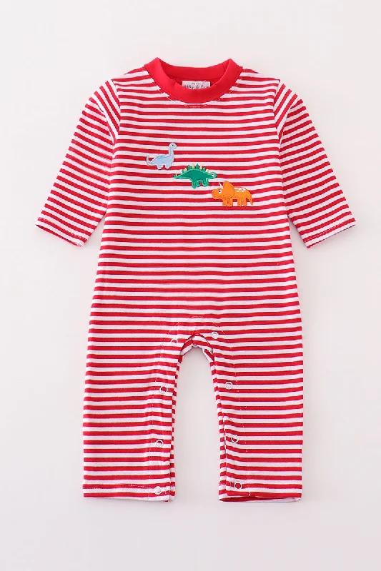 Super Sale Premium red stripe dinosaur applique girl romper