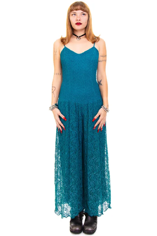 Vintage 80's Dark Romantic Teal Lace Floral Dress - S/M/L