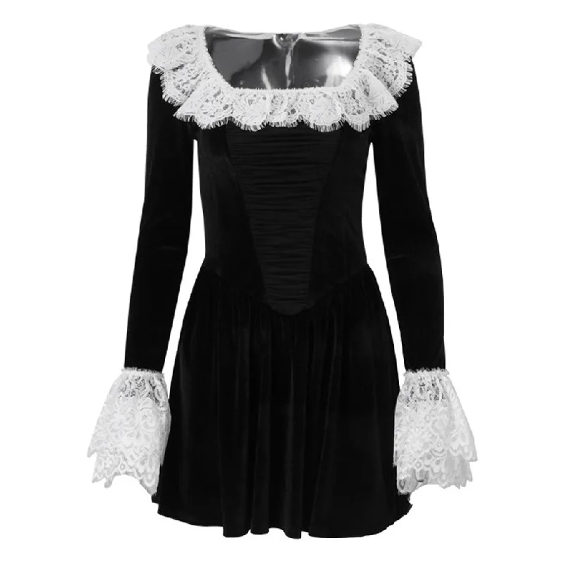 Hurry In Vintage Lace Trim Scoop Neck Long Sleeve Velvet Skater Party Mini Dress