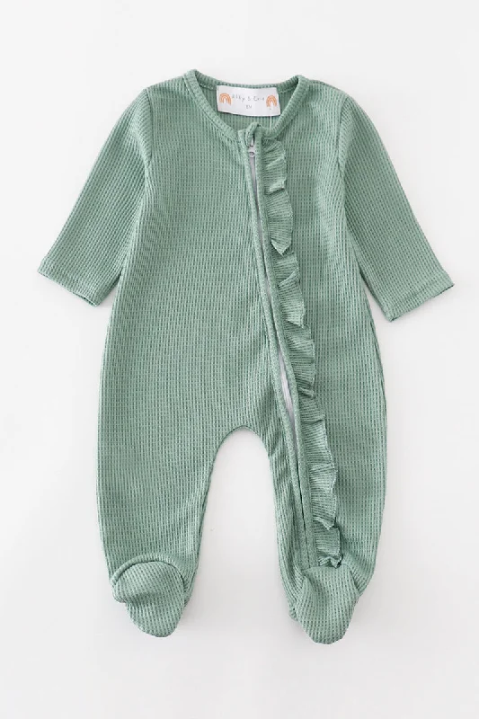 Deal Frenzy Green waffle ruffle zip girl romper
