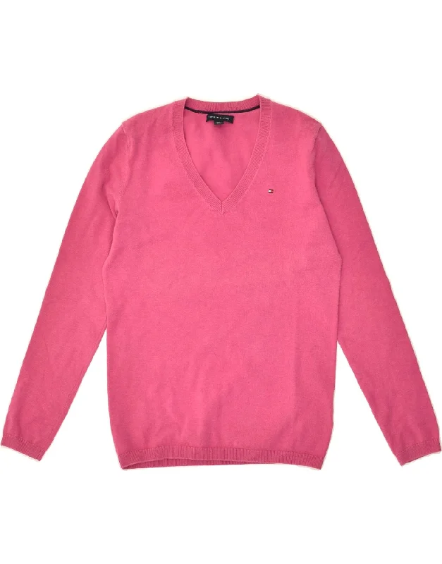Price Smash TOMMY HILFIGER Womens V-Neck Jumper Sweater UK 4 XS Pink Cotton