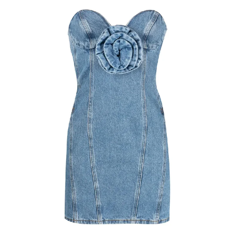 Can't Miss Modern 3D Floral Rosette Detail Sweetheart Neck Strapless Denim Dress