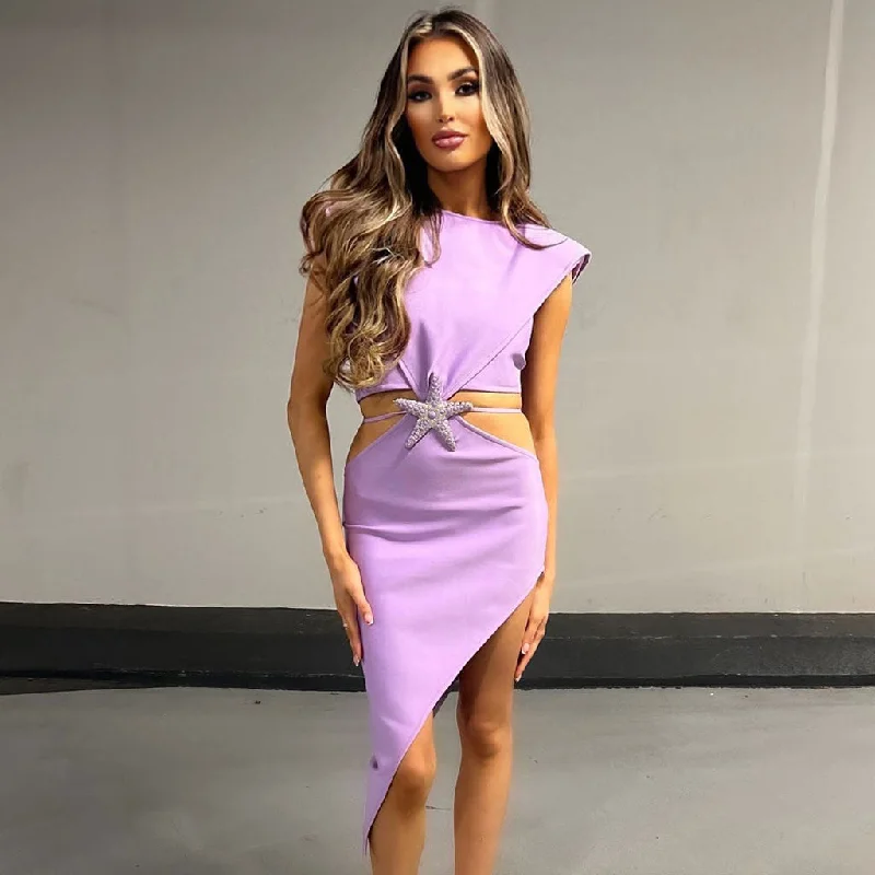 Stock Up and Save Asymmetrical Rhinestone Starfish Embellished Cutout Shoulder Pad Bandage Cocktail Dress