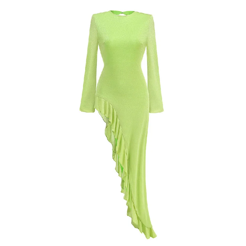 Final Markdown Glitter Lurex Crew Neck Long Sleeve Asymmetric Ruffle Hem Cutout Dress