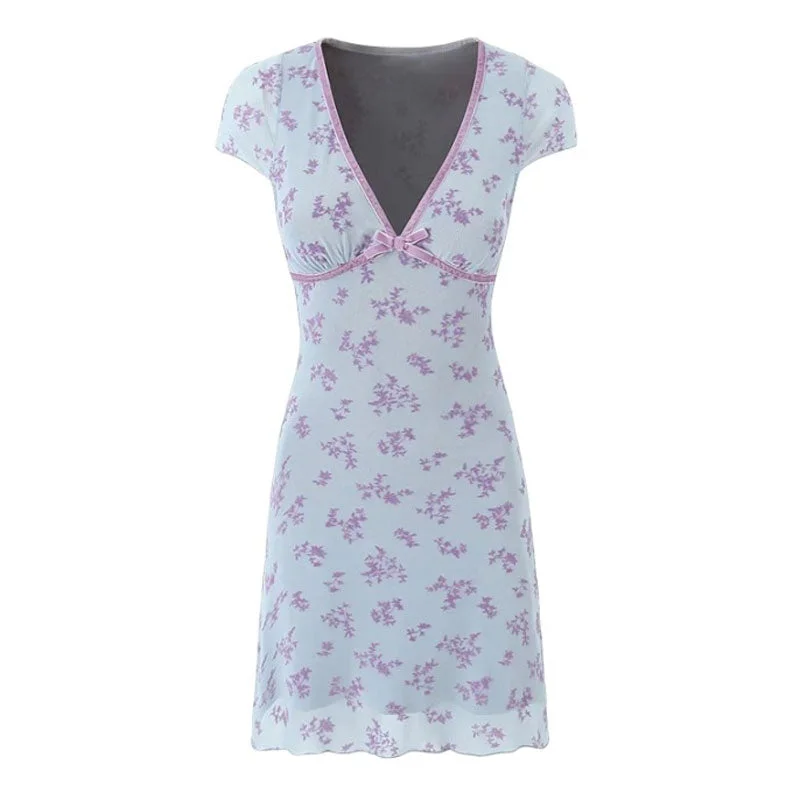 Price Drop French Bow Trim V Neck Floral Flocked Mesh Cap Sleeve Bodycon Mini Dress