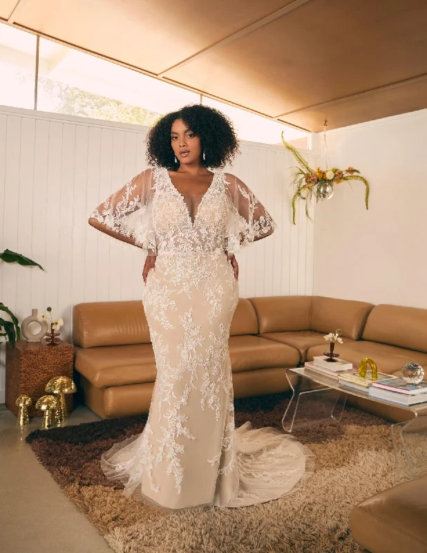Overstock Sale Casablanca BL400C fit and flare feminine floral over lace beaded sequin exposed bodice flutter sleeve long wedding gown