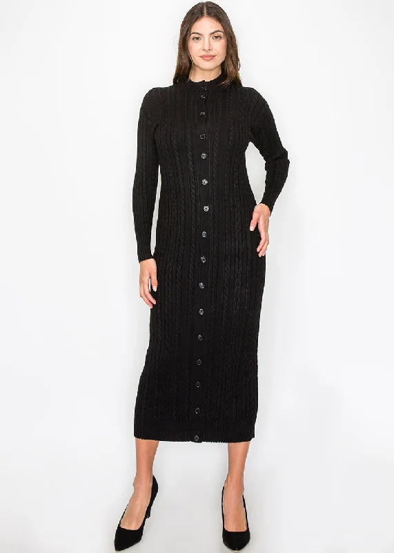 Black Cable Knit Button-Down Dress