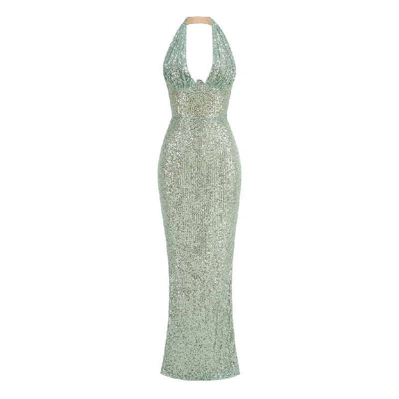 Unbeatable Prices Sparkly Sequin Embellished Ruched Deep V Halter Maxi Mermaid Dress