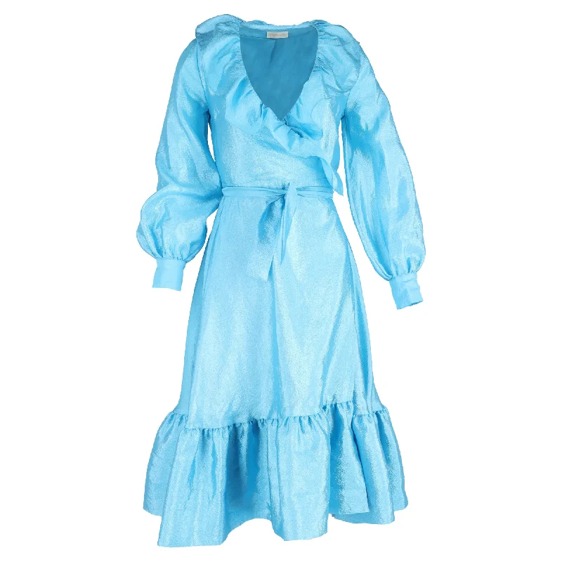 Stine Goya Steffi Ruffle Trim Wrap Dress in Light Blue Polyester