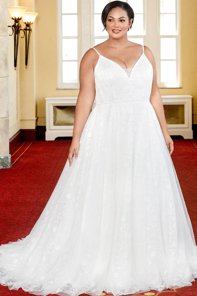 Super Sale Michelle Bridal For Sydney's Closet MB2322 A-Line V-Neck Soft Bridal Tulle Embroidered Floral Net Bridal Satin V-Back Plus Size "Flora" Bridal Gown