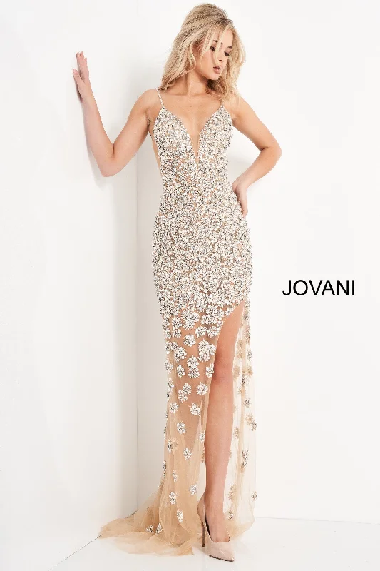 Jovani 02492 Long Nude Sheer Sexy Crystal Embellished Formal Dress Slit V Neck