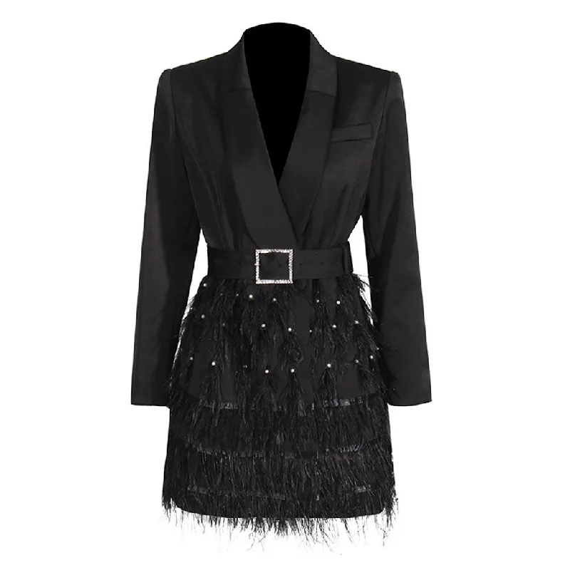 Now or Never Classy Pearl Feather Belted Shawl Collar One Button Micro Mini Blazer Dress