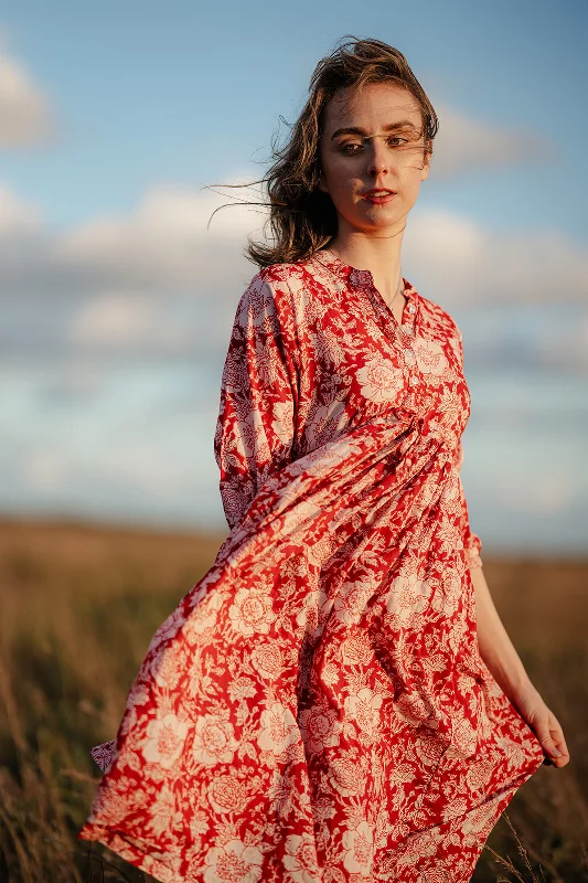 Price Smash Handblock Print Dress - Red Floral Cotton Dress