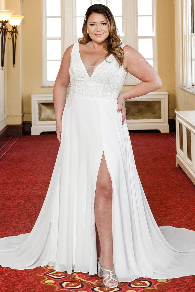 Last Chance Michelle Bridal For Sydney's Closet MB2304 A-Line Bridal Chiffon Boho Lace Sleeveless V-Neck Plus Size "Taye" Bridal Dress