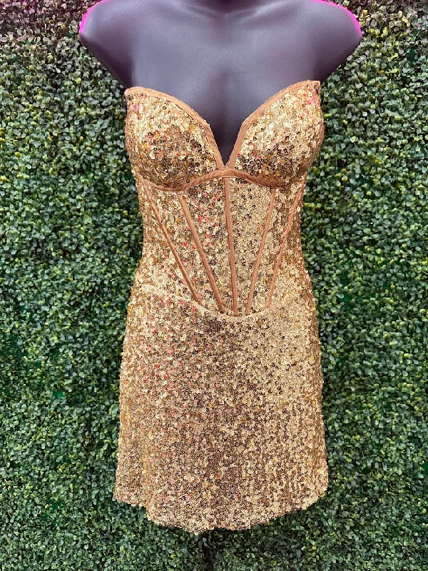 Loyalty Reward Jovani 25957 Size 2 Gold Sequin Cocktail Dress Strapless V-Neck Corset Bodice Homecoming Dress