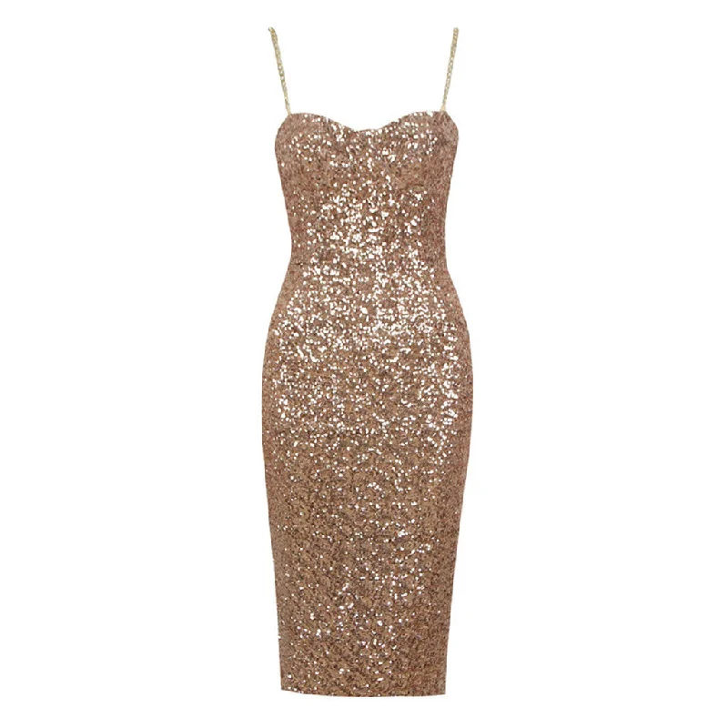 Big Discounts Sparkly Metallic Chain Strap Sweetheart Bustier Bodycon Sequin Midi Dress