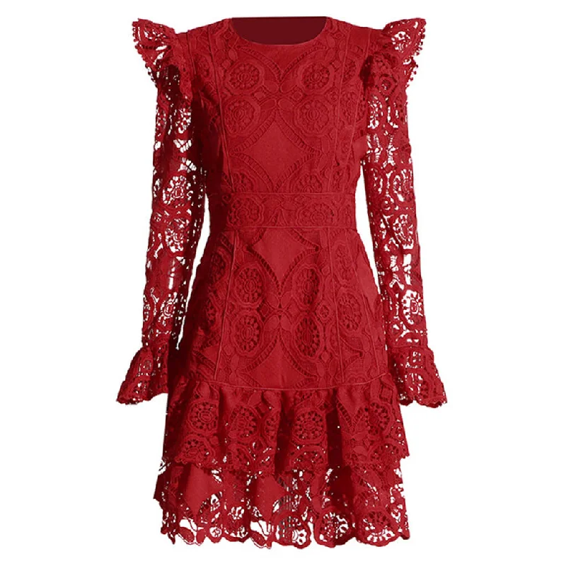 Price Cut Elegant Crew Neck Bell Sleeve Ruffle Tiered Guipure Lace Mini Dress