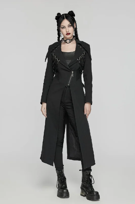 Fantastic Deals Black Lapel Collar Metal Chains Long Sleeves Women's Punk Long Coat