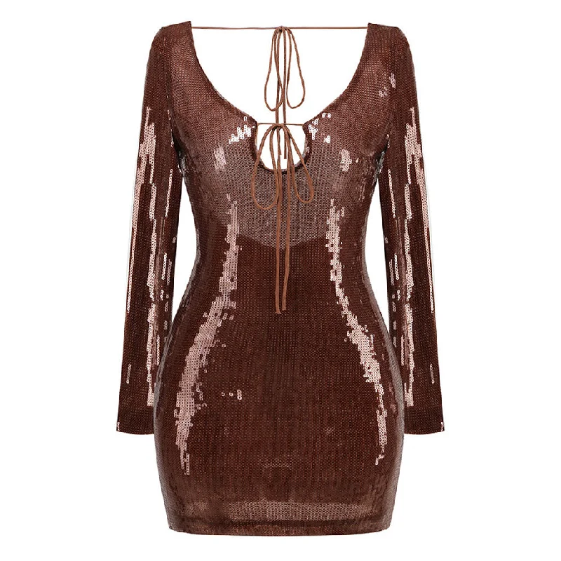 Today's Special 90s Tie Neck Long Sleeve Sequin Embellished Backless Mini Party Dress