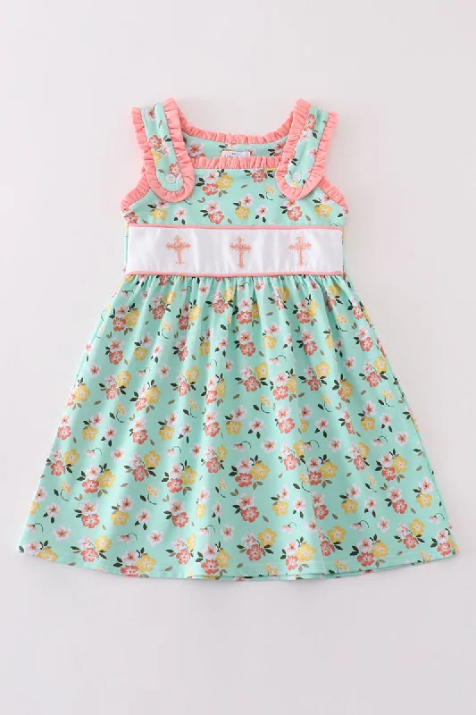 Sneak Peek Sale Premium green floral cross embroidery dress
