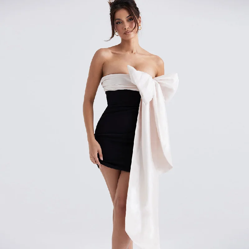 Time-Limited Offer Dramatic Draped Bow Detail Contrast Ruched Strapless Bodycon Mini Dress Time-Limited Offer Dramatic Draped Bow Detail Contrast Ruched Strapless Bodycon Mini Dress