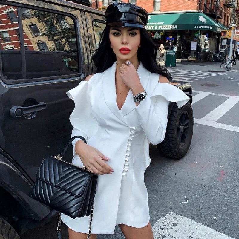 Final Sale Ruffle Cutout Pearl Button Long Sleeve Blazer Mini Dress - White