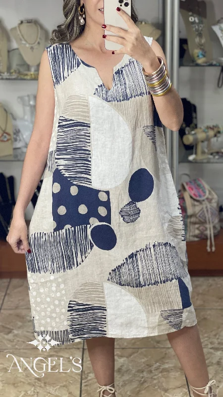 Blowout Deals Sleeveless OS Geometric Linen Dress