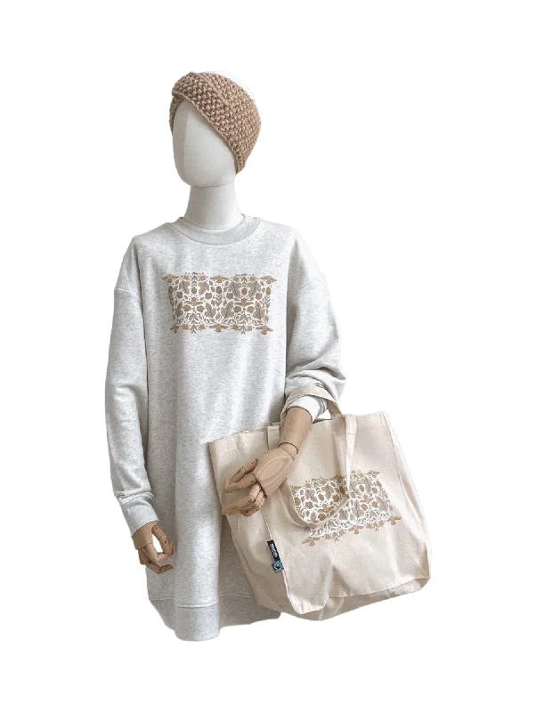 Take Advantage Daljši pulover / ecrubotanical owls - creamy grey