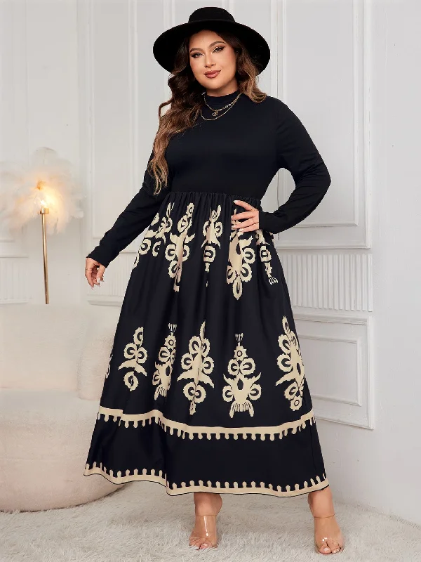 Huge Discounts Plus Size Printed Mock Neck Long Sleeve Dress