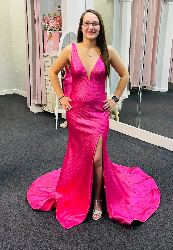 Jovani 06125 size 6 Hot Pink Metallic Prom Dress Sheer Slit Mermaid Sexy Pageant Gown