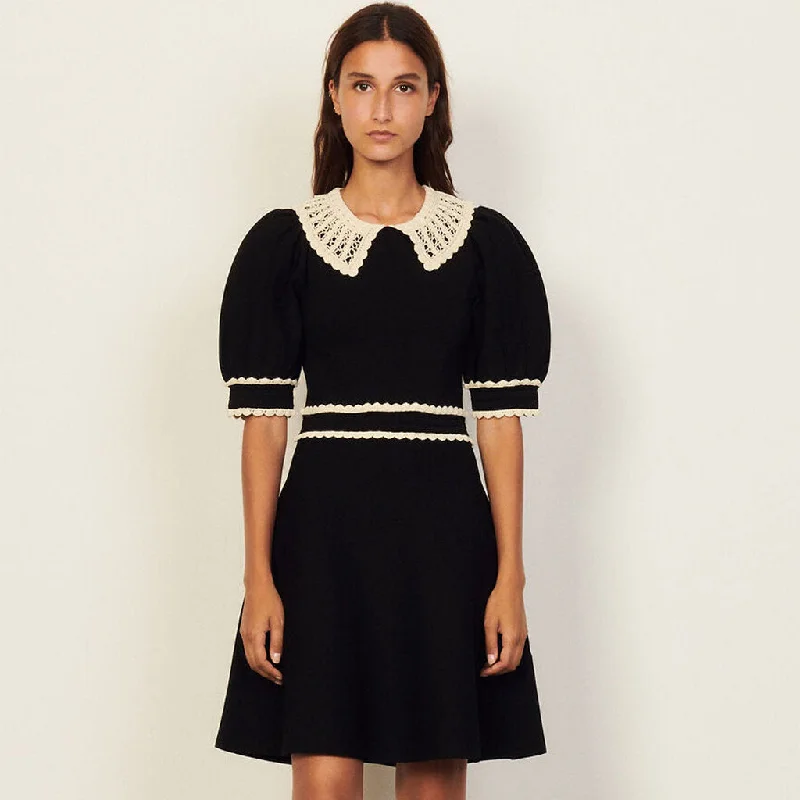 Today's Special Vintage Style Lace Collar Puff Sleeve Skater Knit Mini Dress - Black Today's Special Vintage Style Lace Collar Puff Sleeve Skater Knit Mini Dress - Black