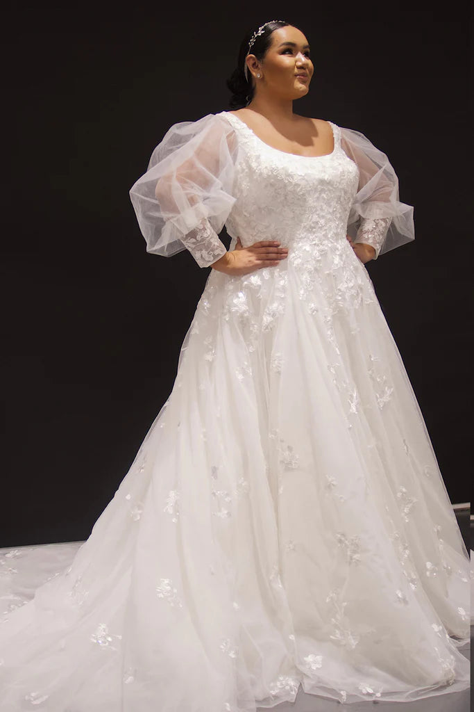 Weekend Special Michelle Bridal For Sydney's Closet MB2308 A-Line Scoop Neck #D Lace Appliques Detachable Pouf Sleeve With Lace And Zipper On Cuff Included Plus Size "Magdalene" Bridal Gown